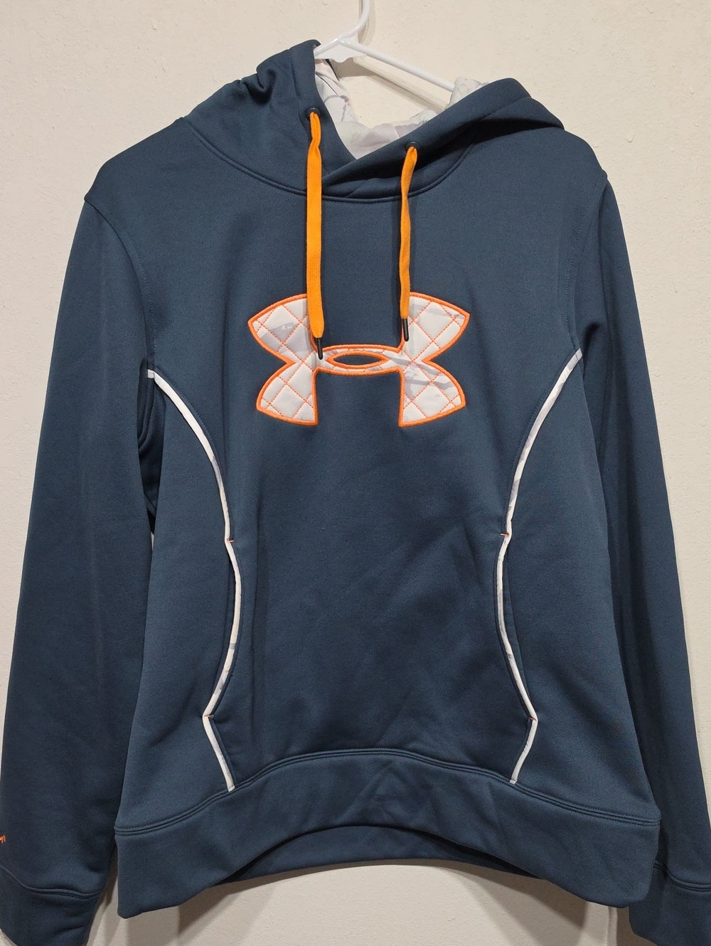 Under Armour Dark Blue Hoodie with Orange Drawstrings and White Logo